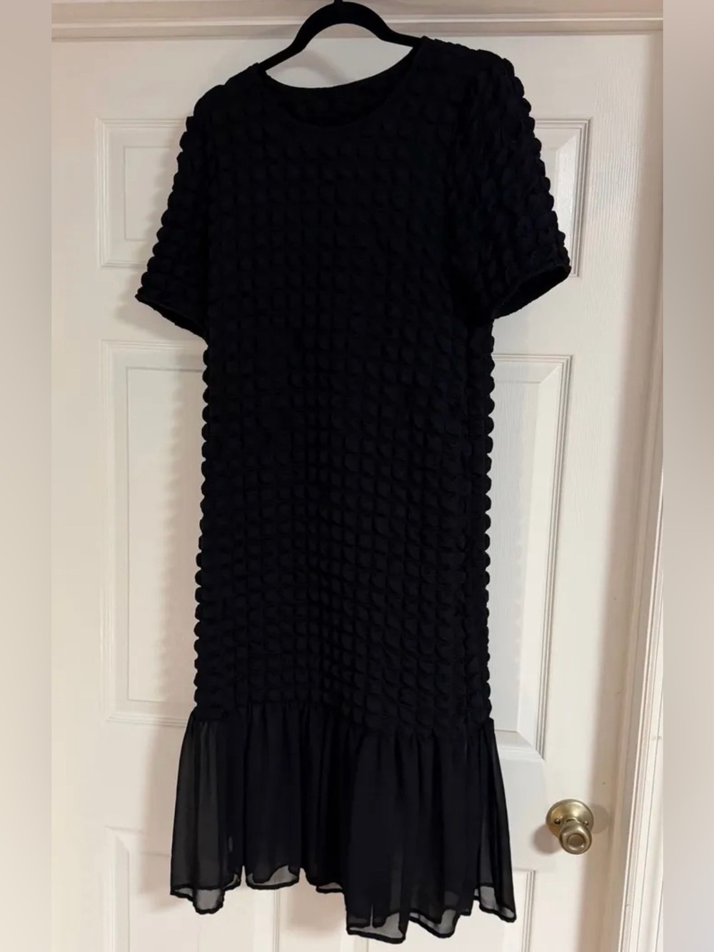Black Textured Short-Sleeve Midi Dress with Ruffle Hem